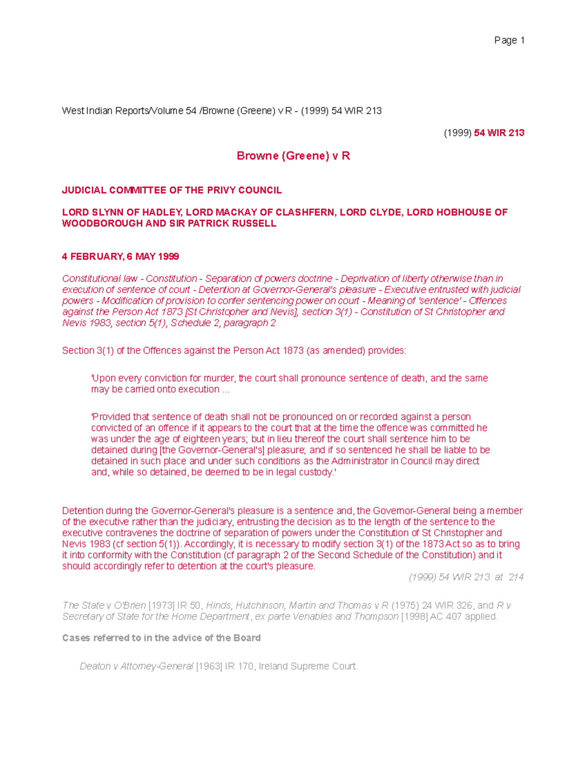 Browne (Greene) v R (1999) 54 WIR 213 West Indian Reports/Volume 54