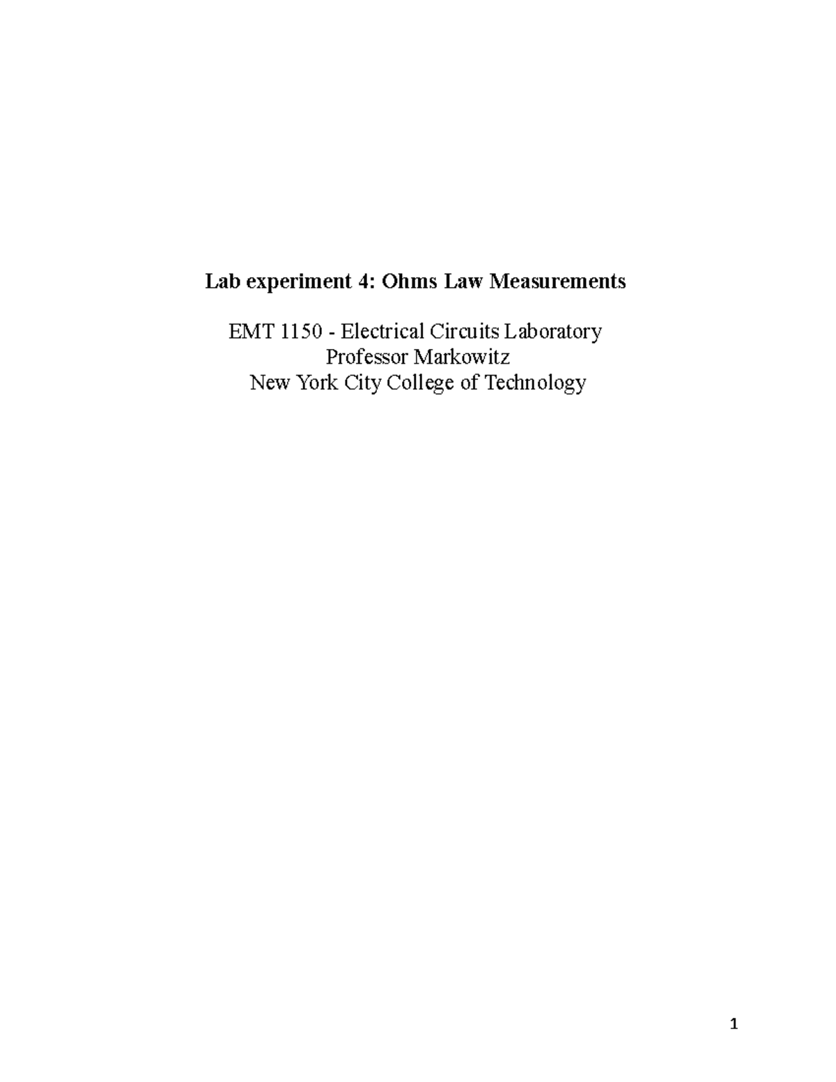 EMT1150 lab 4 ohms law measurements Lab experiment 4 Ohms Law