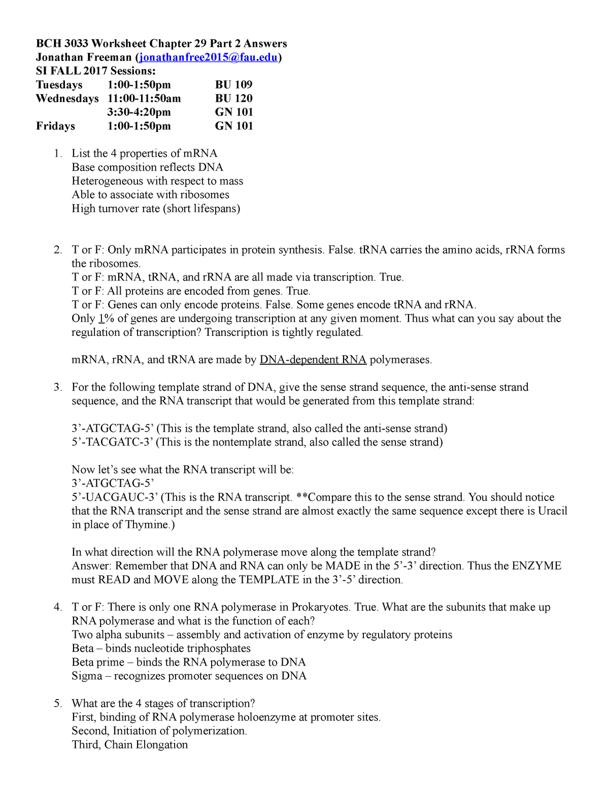 Trna And Mrna Transcription Worksheet With Answer Key ...