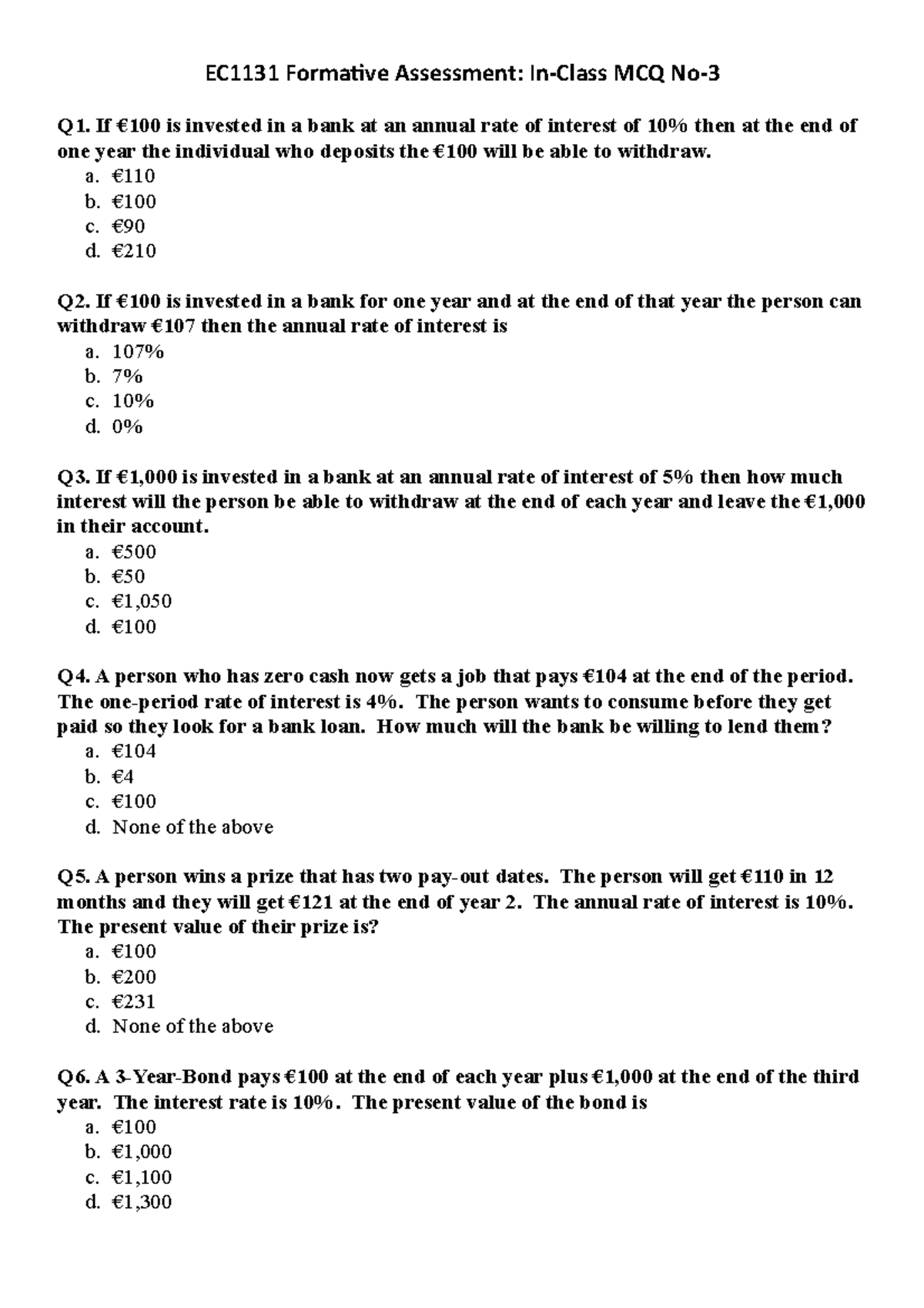 In Class Mcq Discounting Ec1131 Formative Assessment In Class Mcq No 3 Q1 If 100 Is Invested Studocu