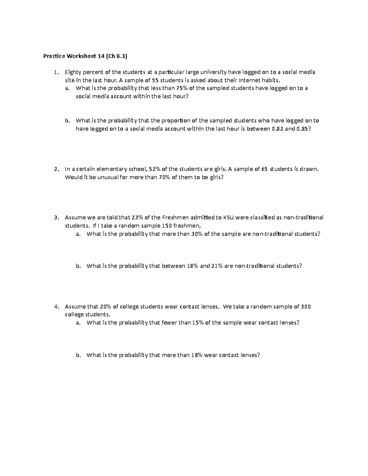 Practice Worksheet 14 (Ch 6.3) - Practice Worksheet 14 (Ch 6) Eighty ...