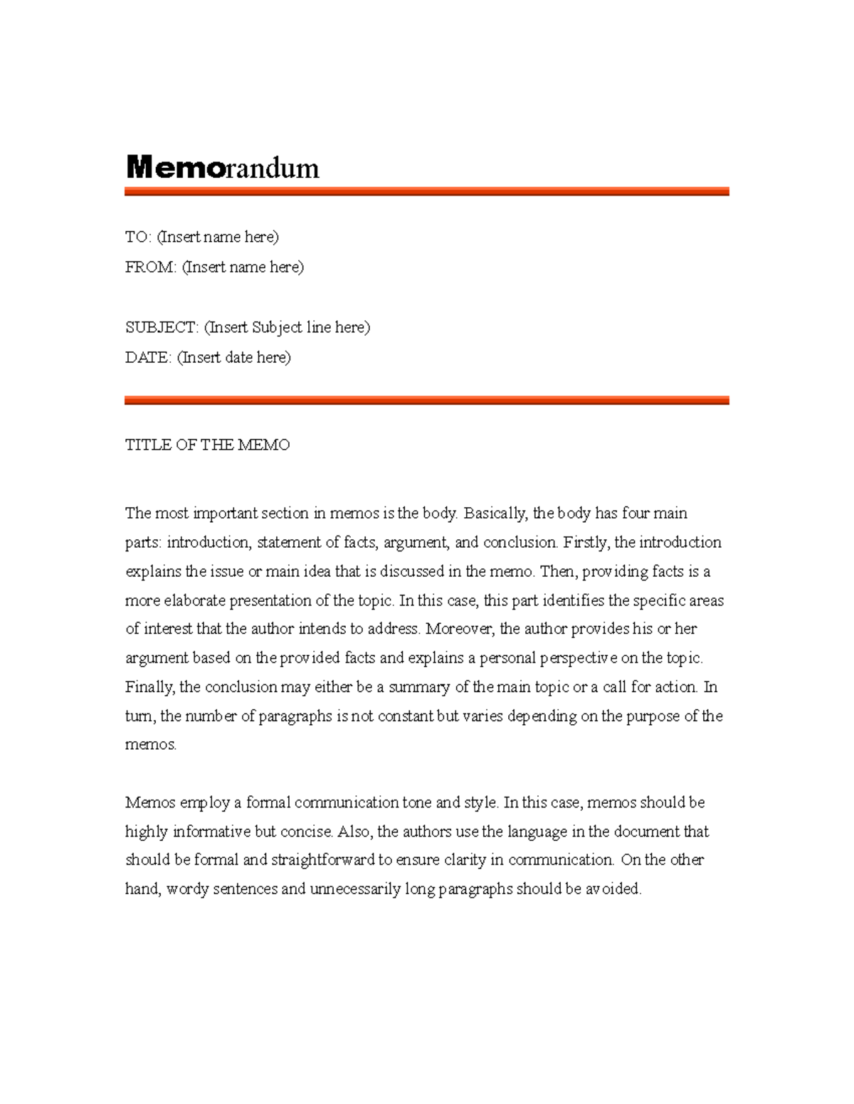 Simple Orange Memo-WPS Office - Memorandum TO: (Insert name here) FROM ...