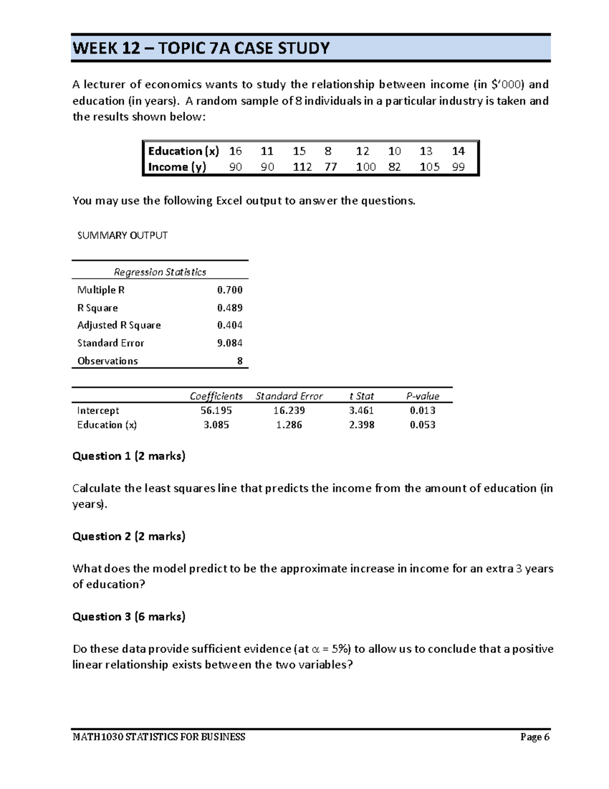 Week 12 - Quiz Solutions - MATH1030 STATISTICS FOR BUSINESS Page 6 WEEK ...