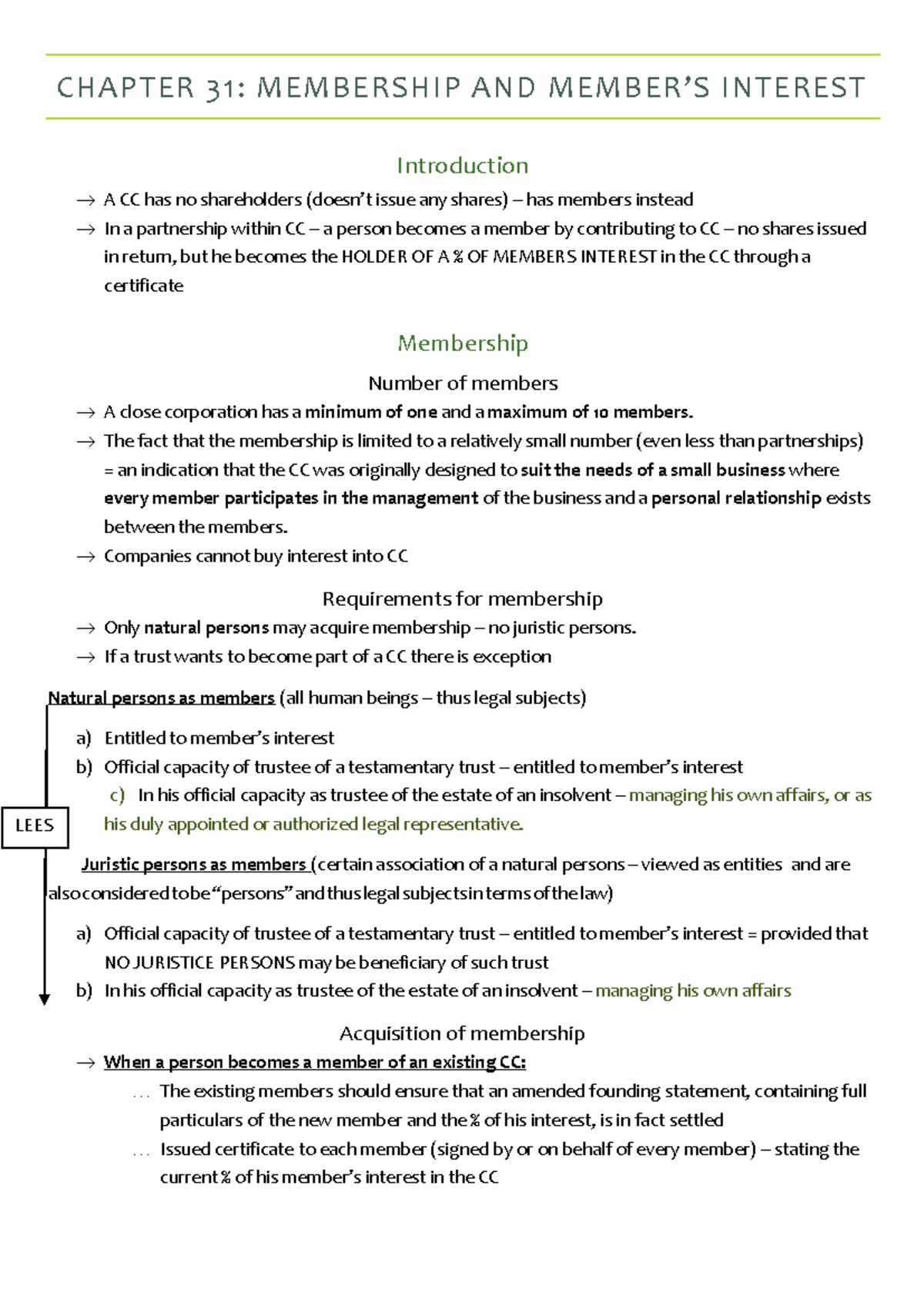 BER 220 Chapter 31 Summary - CHAPTER 31: MEMBERSHIP AND MEMBER’S ...