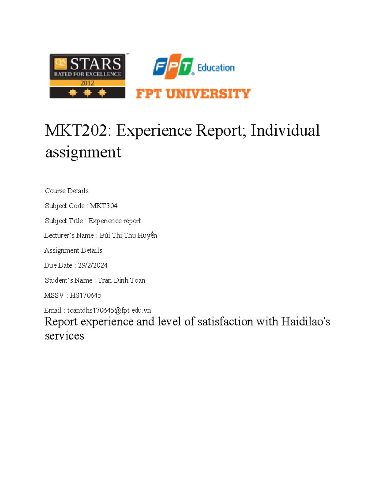 MKT202 - Mkt Practical - MKT202: Experience Report; Individual ...