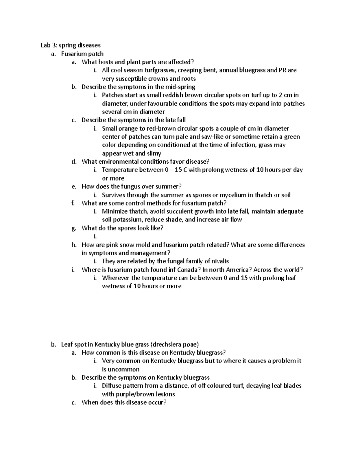 Lab 3 - lab 3 - Lab 3: spring diseases a. Fusarium patch a. What hosts ...