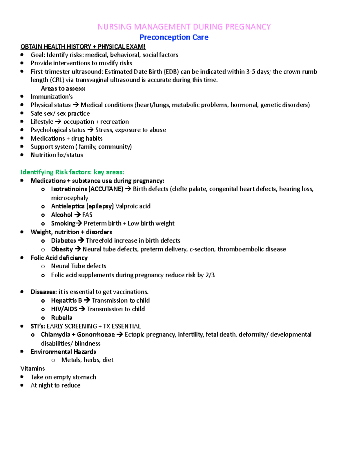 Preconception and Nursing Management During Pregnancy Nutrition and