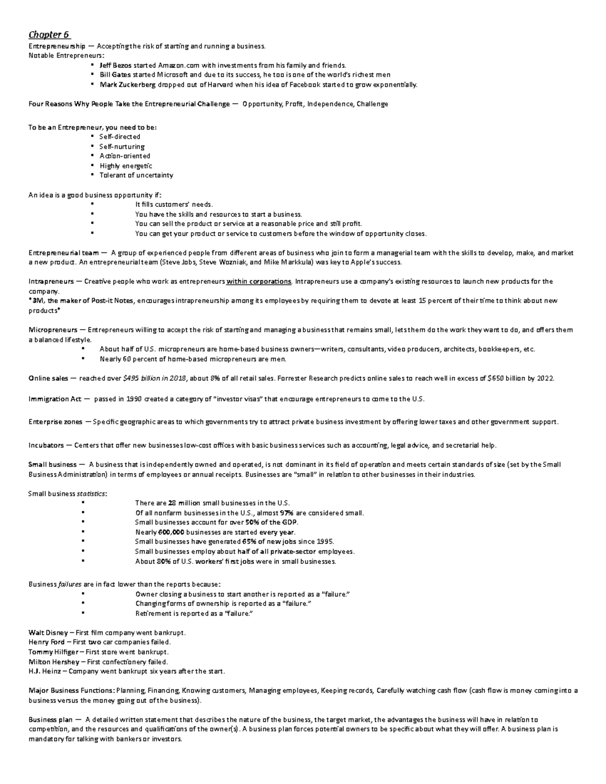 Chapter 6 Through 10 - Chapter 6 Entrepreneurship — Accepting The Risk ...