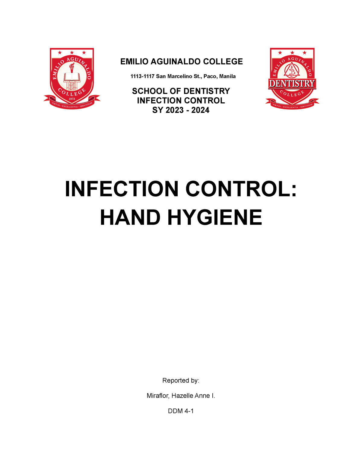 INFECTION CONTROL - HAND HYGIENE - EMILIO AGUINALDO COLLEGE 1113-1117 ...