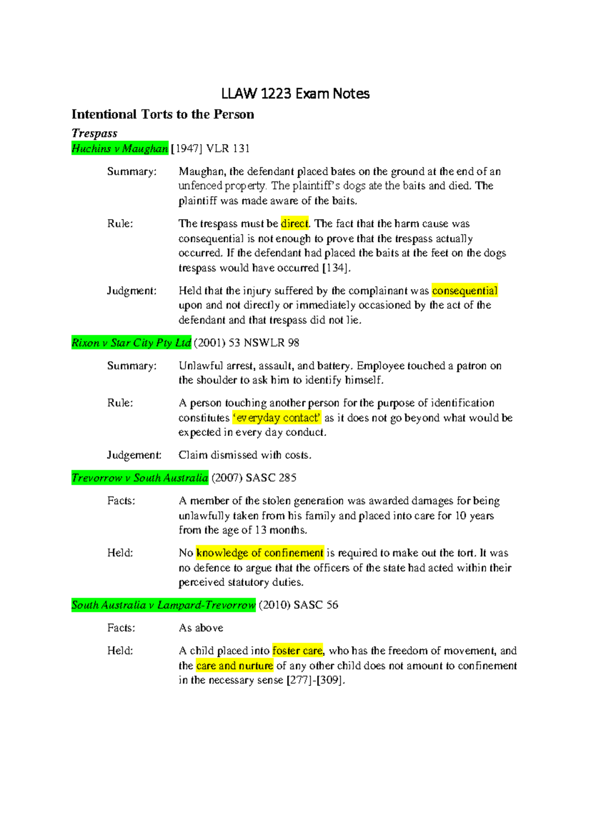 Case summaries online - LLAW 1223 Exam Notes Intentional Torts to the ...