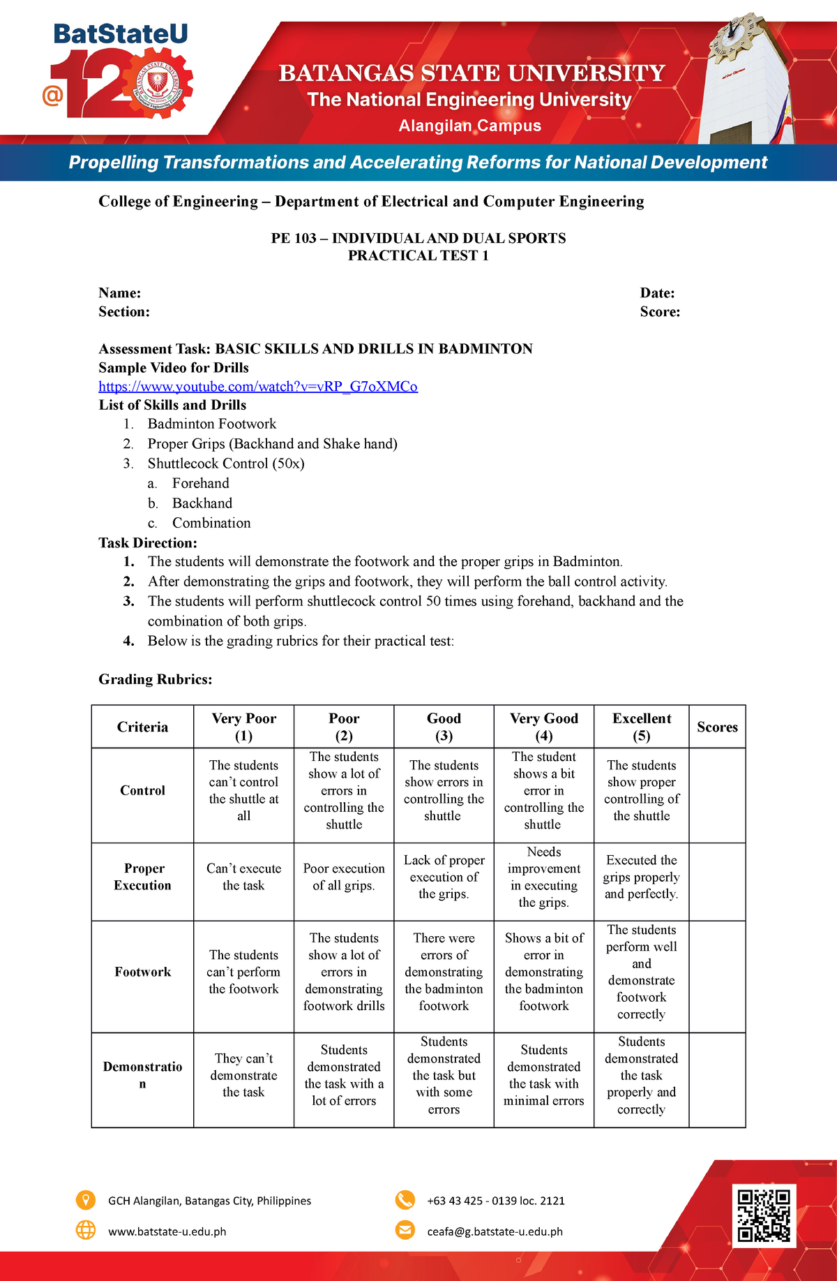 PT1-Badminton - Pe Subject - College Of Engineering – Department Of ...