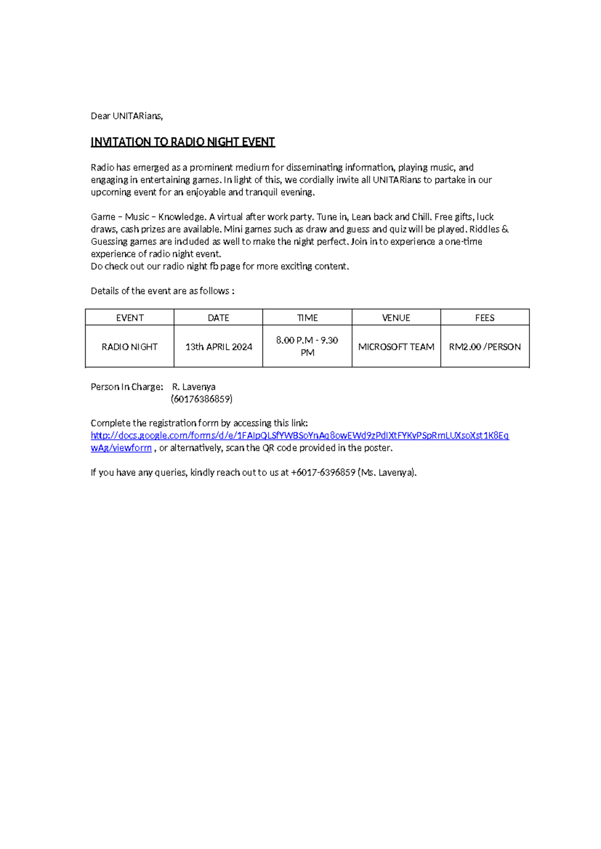 Event Email Blasting Sample - Dear UNITARians, INVITATION TO RADIO ...