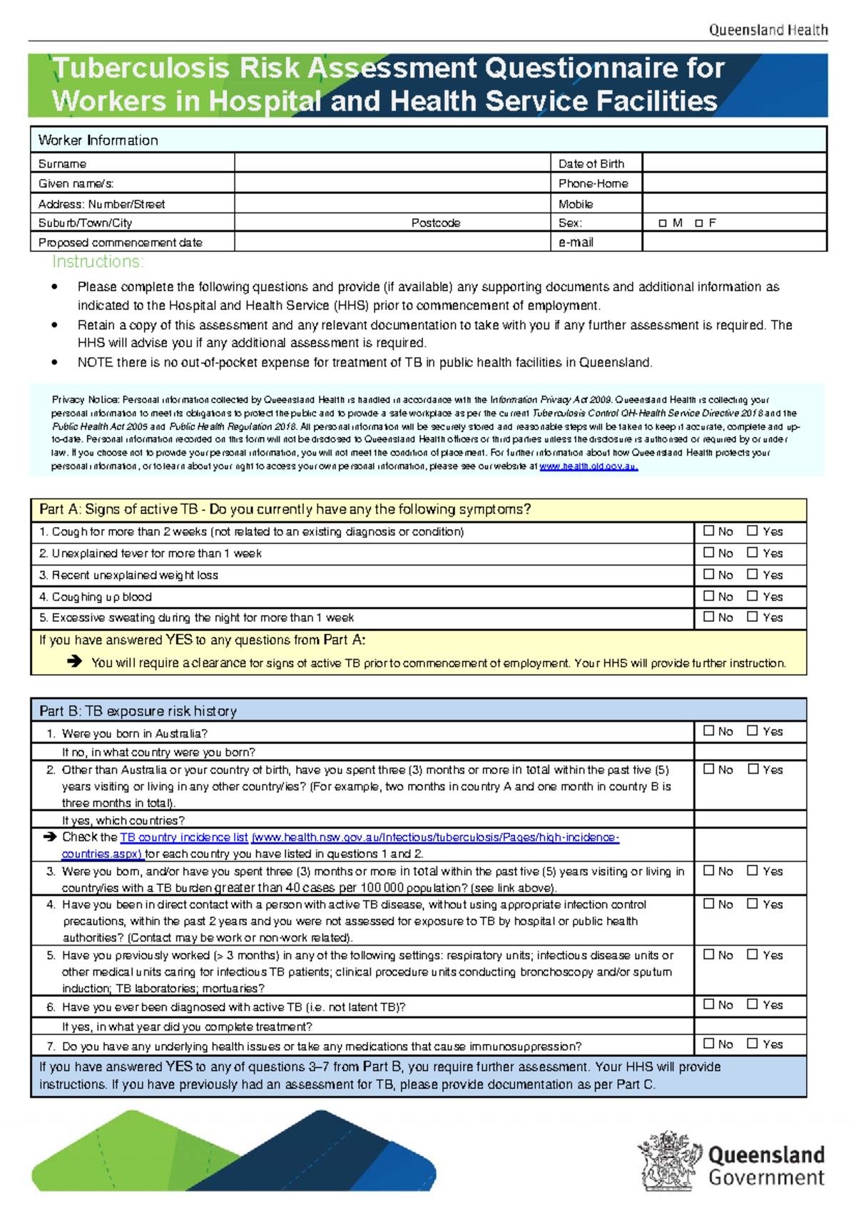 Tb risk assess questionnaire workers hhs - Tuberculosis Risk Assessment ...