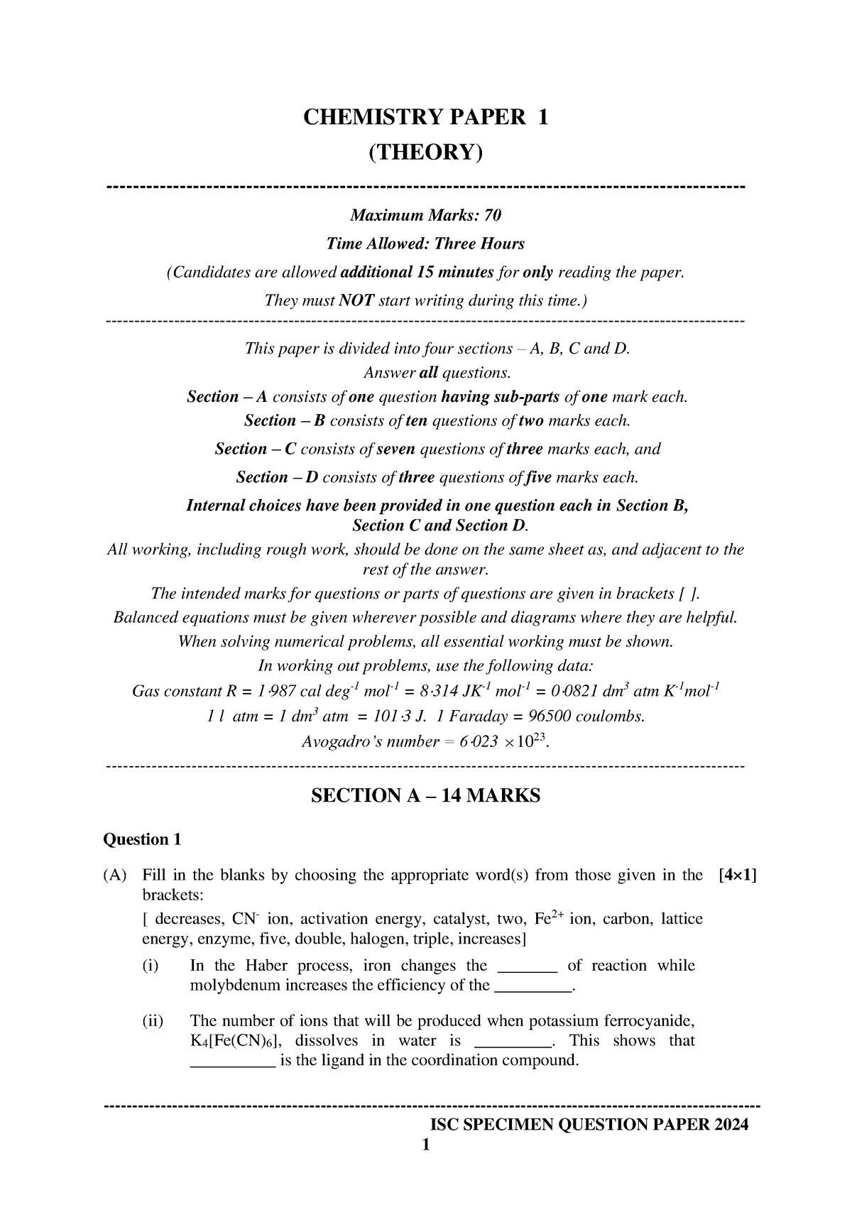 862 Chemistry Paper1 ISC Specimen Paper 2024 EXAM ISC SPECIMEN