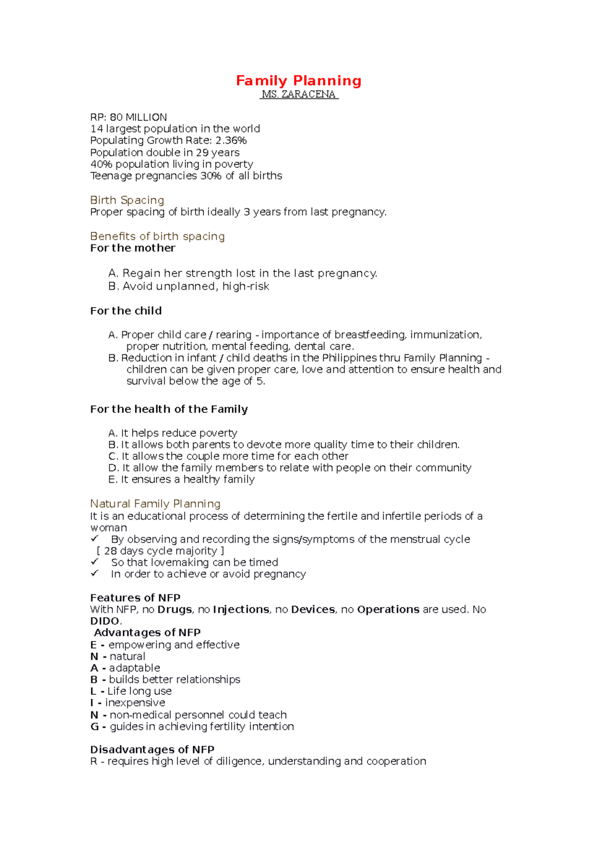 FamilyPlanning nursing Family Planning MS. ZARACENA RP 80 MILLION