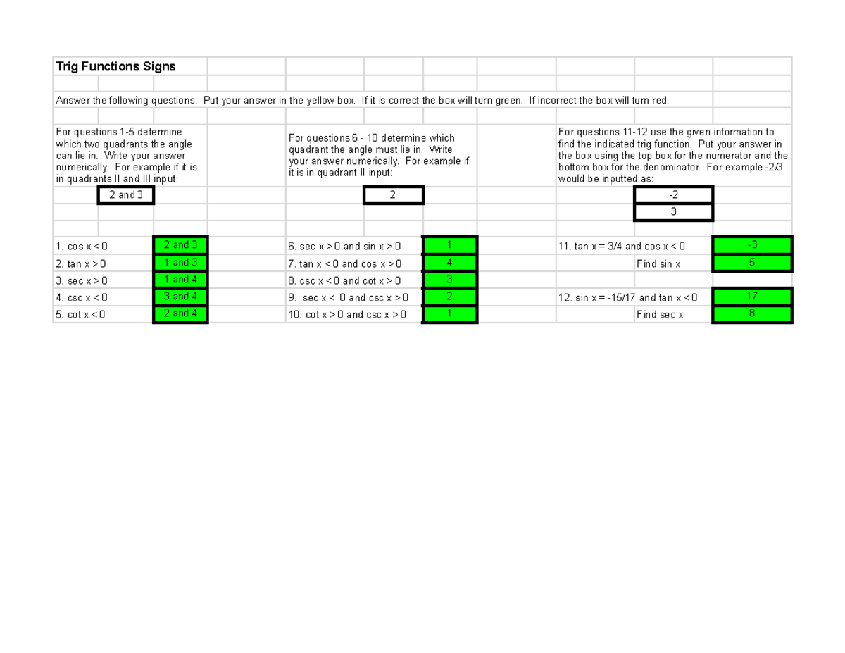 Copy of Trig Functions Signs - Sheet 1 - Trig Functions Signs Answer ...