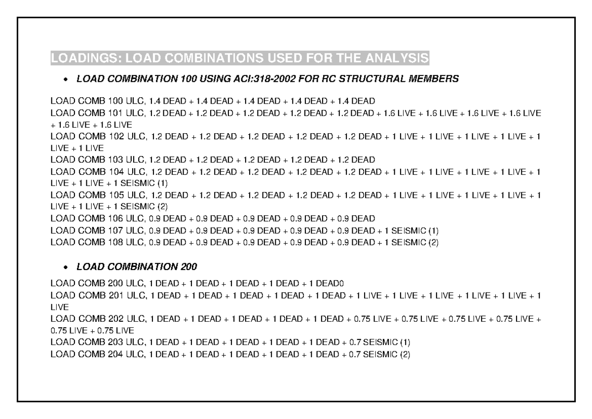 LOAD Combi - Civil Engineering Reqs - LOADINGS: LOAD COMBINATIONS USED ...