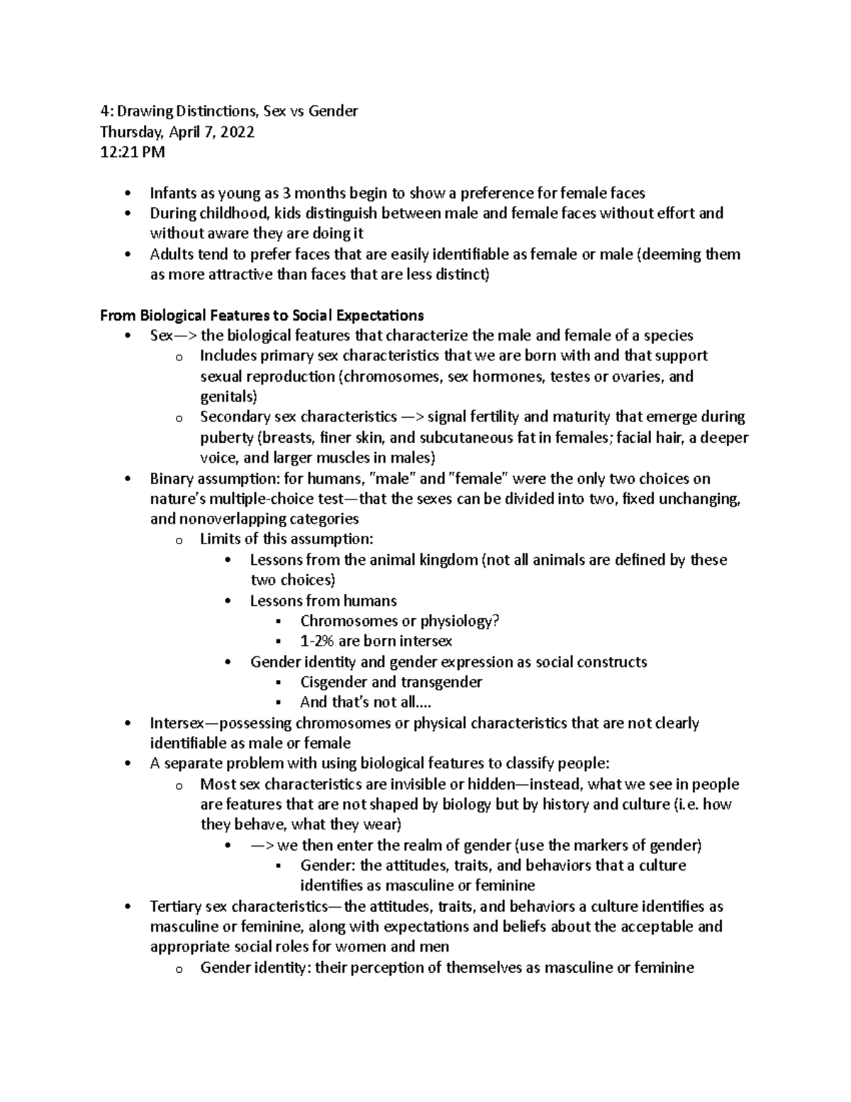 Lecture 4 notes - 4: Drawing Distinctions, Sex vs Gender Thursday ...