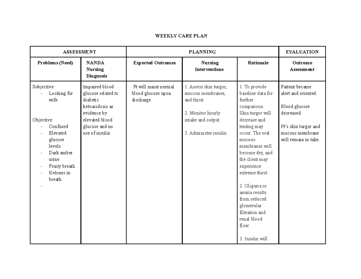 DKA Mini Care Plan notes and lecture WEEKLY CARE PLAN ASSESSMENT