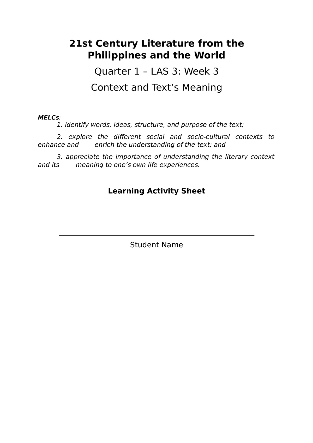 21st Century Module Quarter 1 Week 3 - 21st Century Literature From The ...