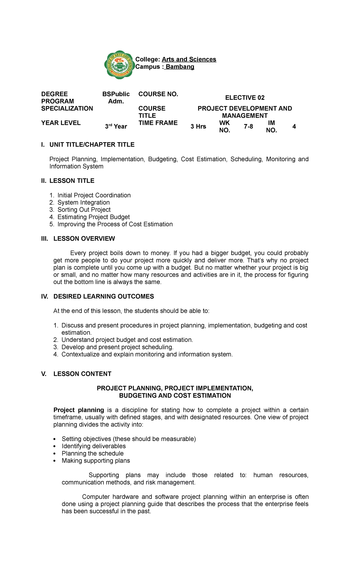 Proj-Devt.-Mgmt.-Chapter-4.docx - College: Arts and Sciences Campus ...