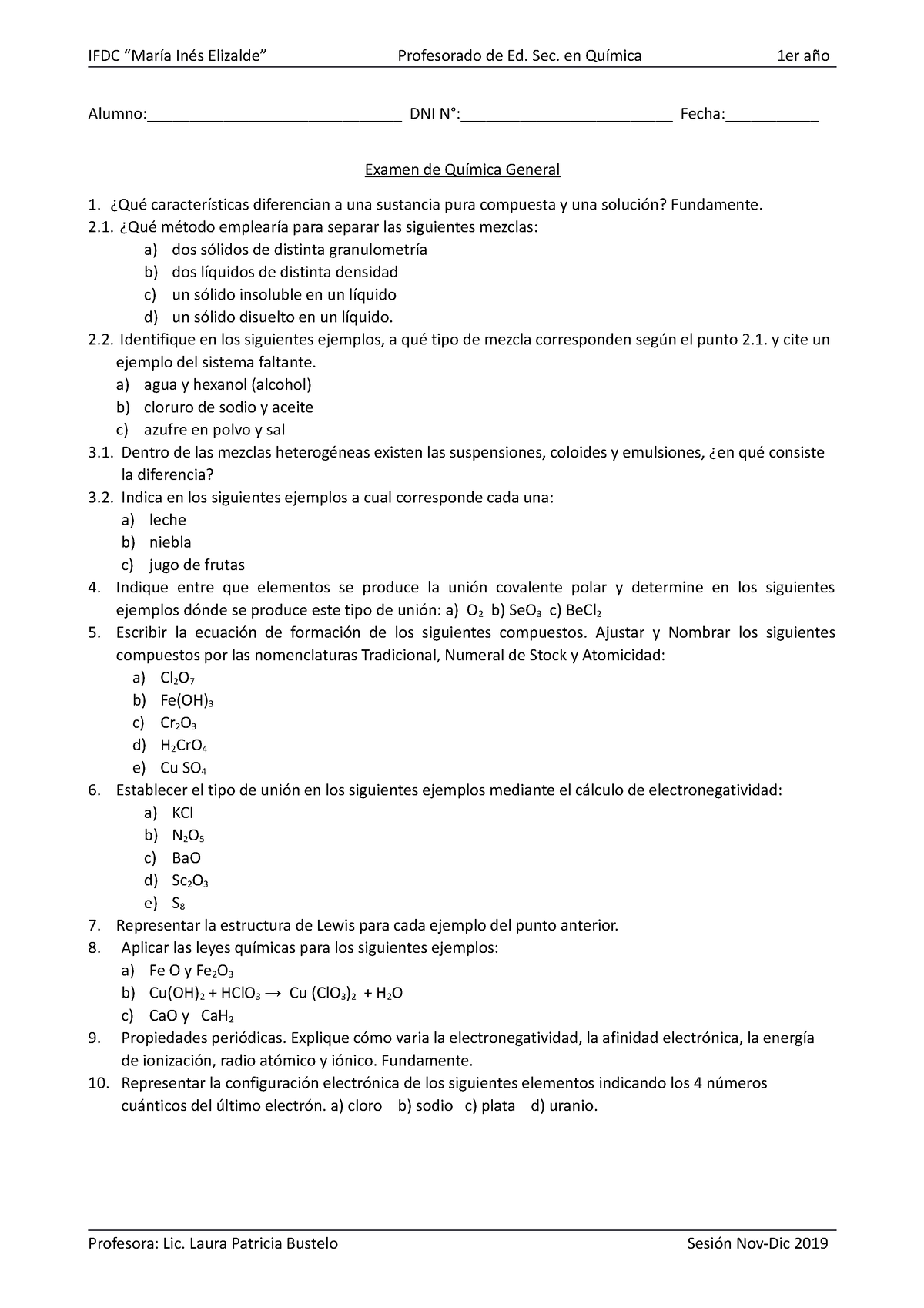 Examen Química General 2019 (nueva) - IFDC “María Inés Elizalde ...