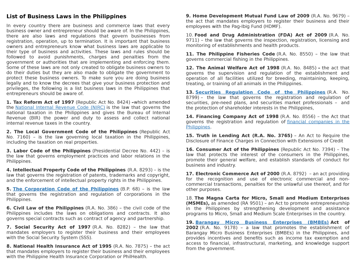 List of Business Laws in the Philippines - In the Philippines, there ...