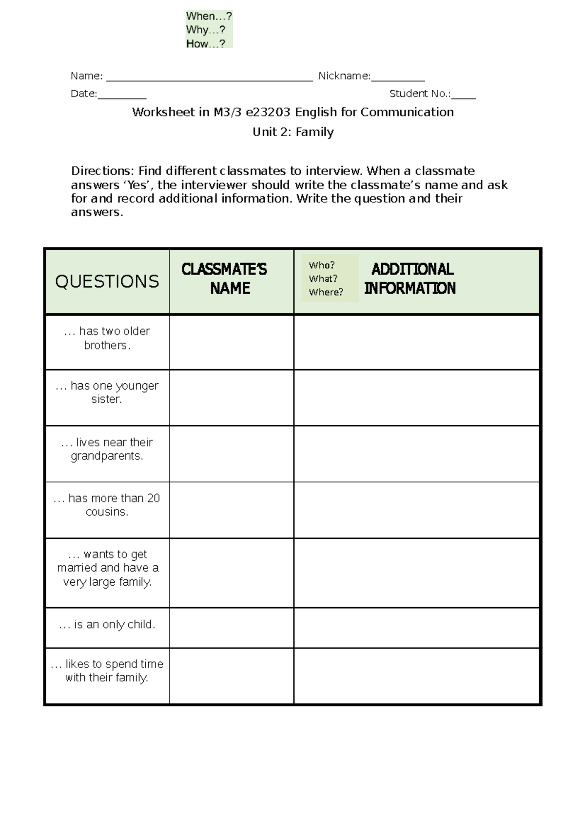 Findsomeone-family - this is a homework about interviewing classmates ...