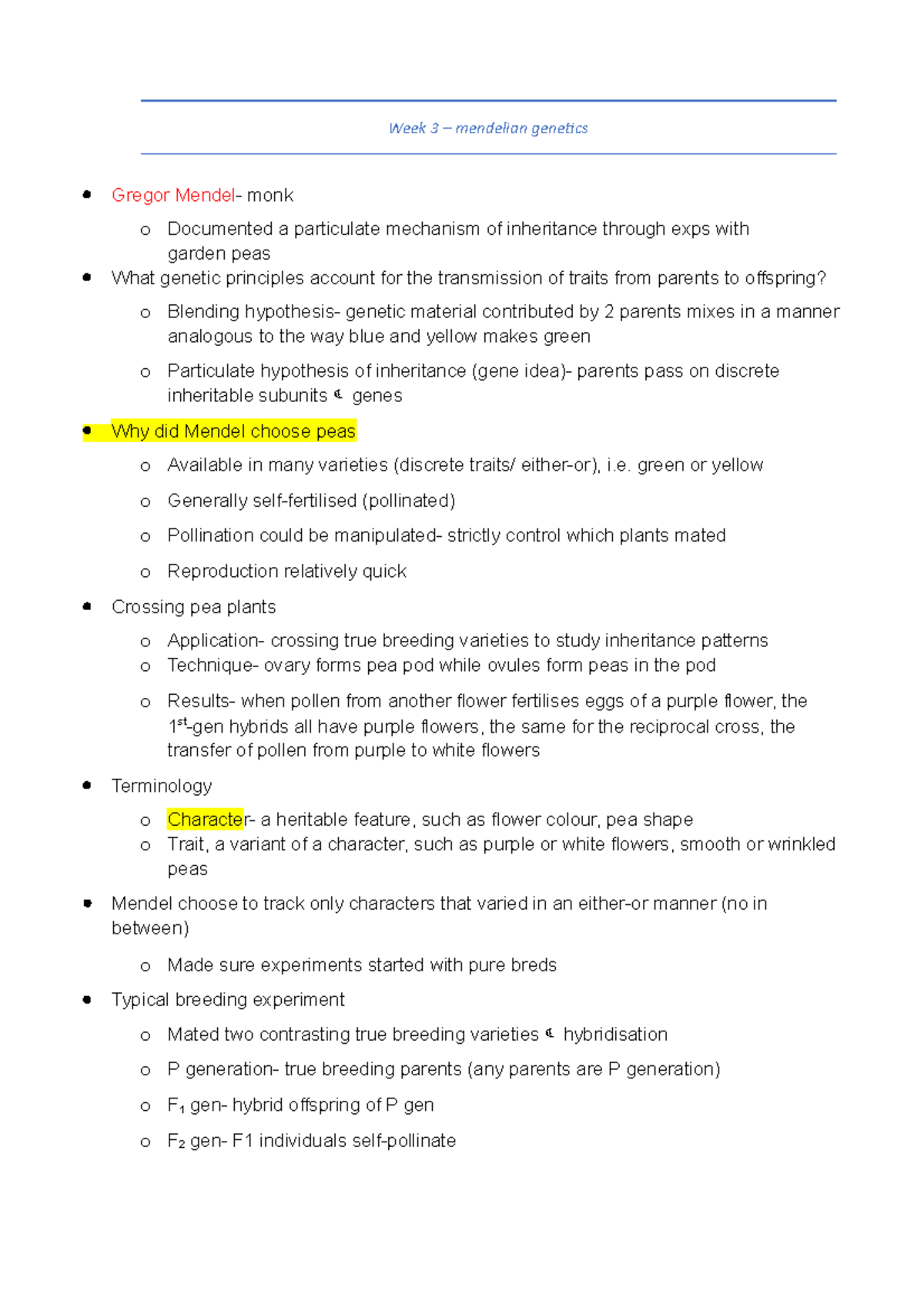 Week 3 + 4 - Lecture notes 3-4 - Week 3 – mendelian genetics Gregor ...