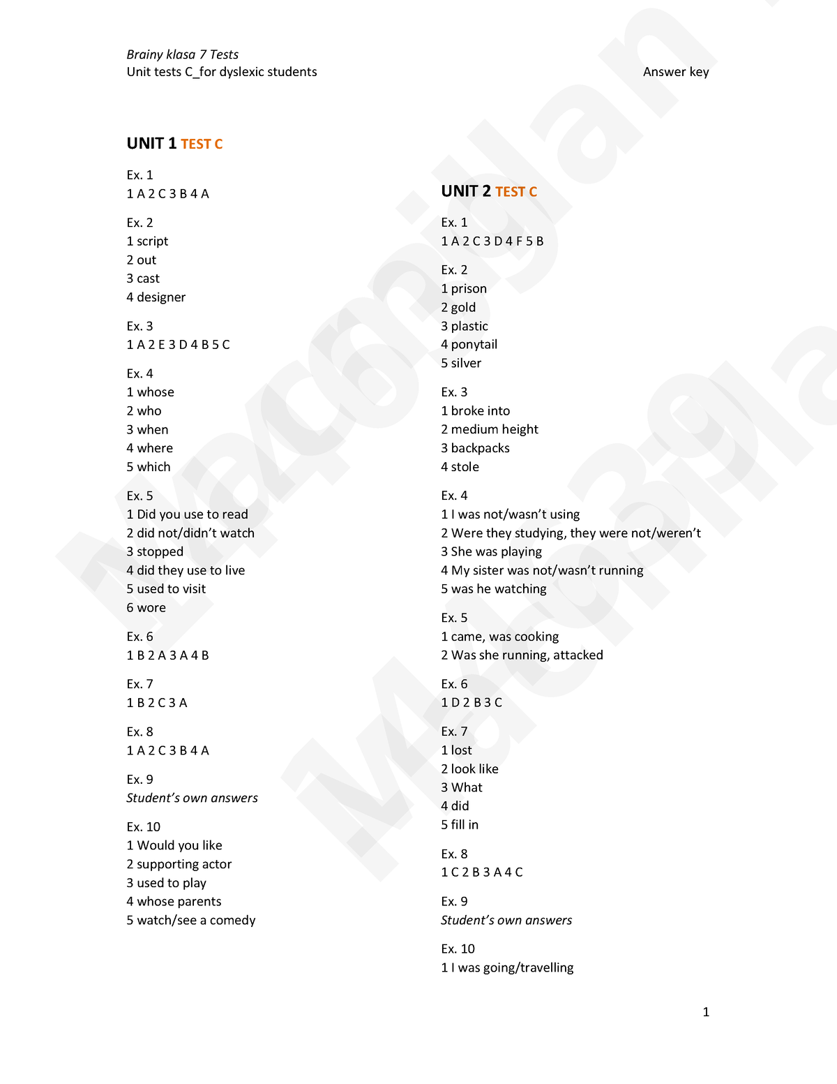 Brainy Kl7 Unit Tests C Answer Key - Unit Tests C_for Dyslexic Students ...