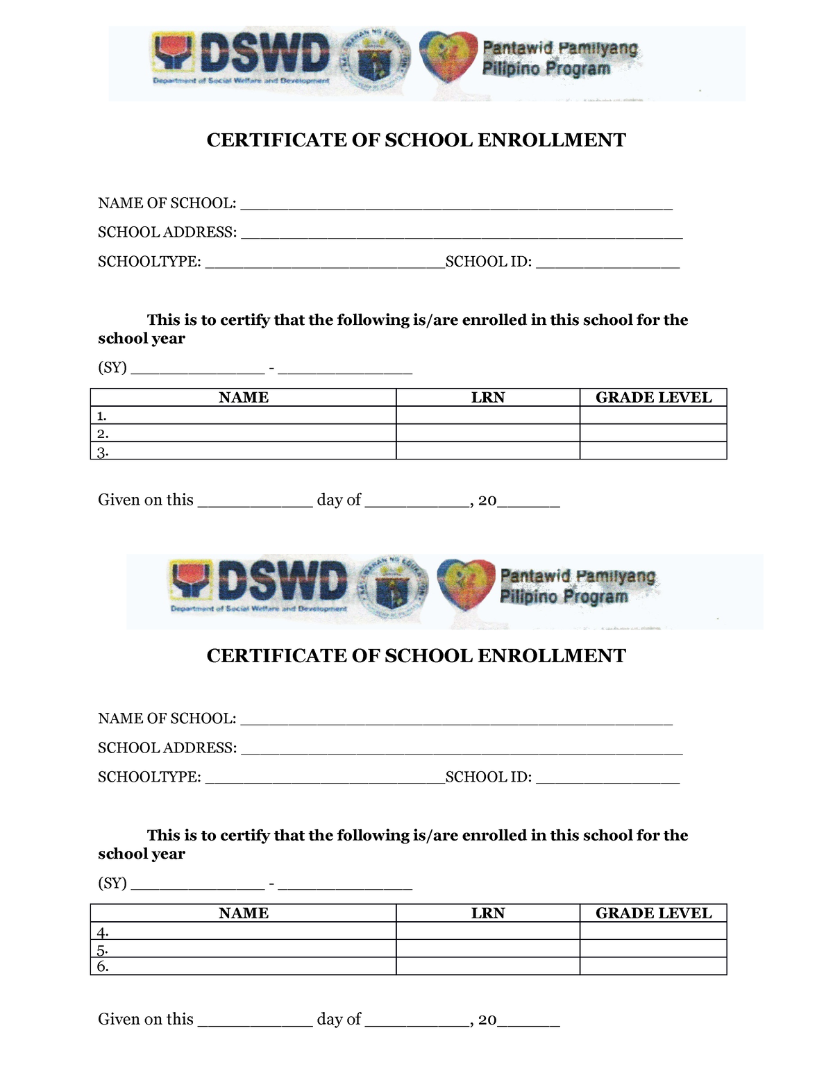 4PS Certificate OF Enrollment CERTIFICATE OF SCHOOL ENROLLMENT NAME