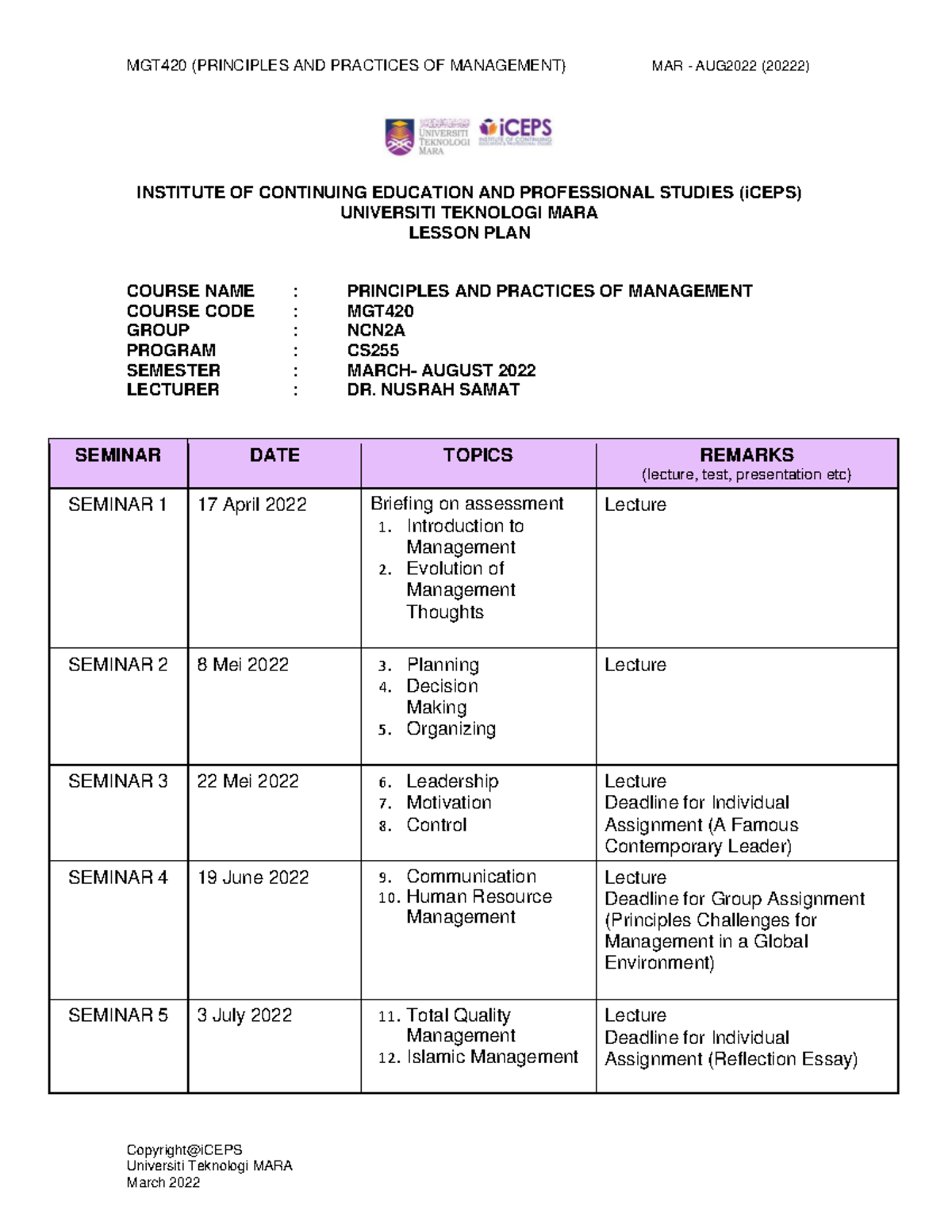 Lesson PLAN FOR SEM March- August 2022 Iceps - MGT420 NCN2A - MGT420 ...