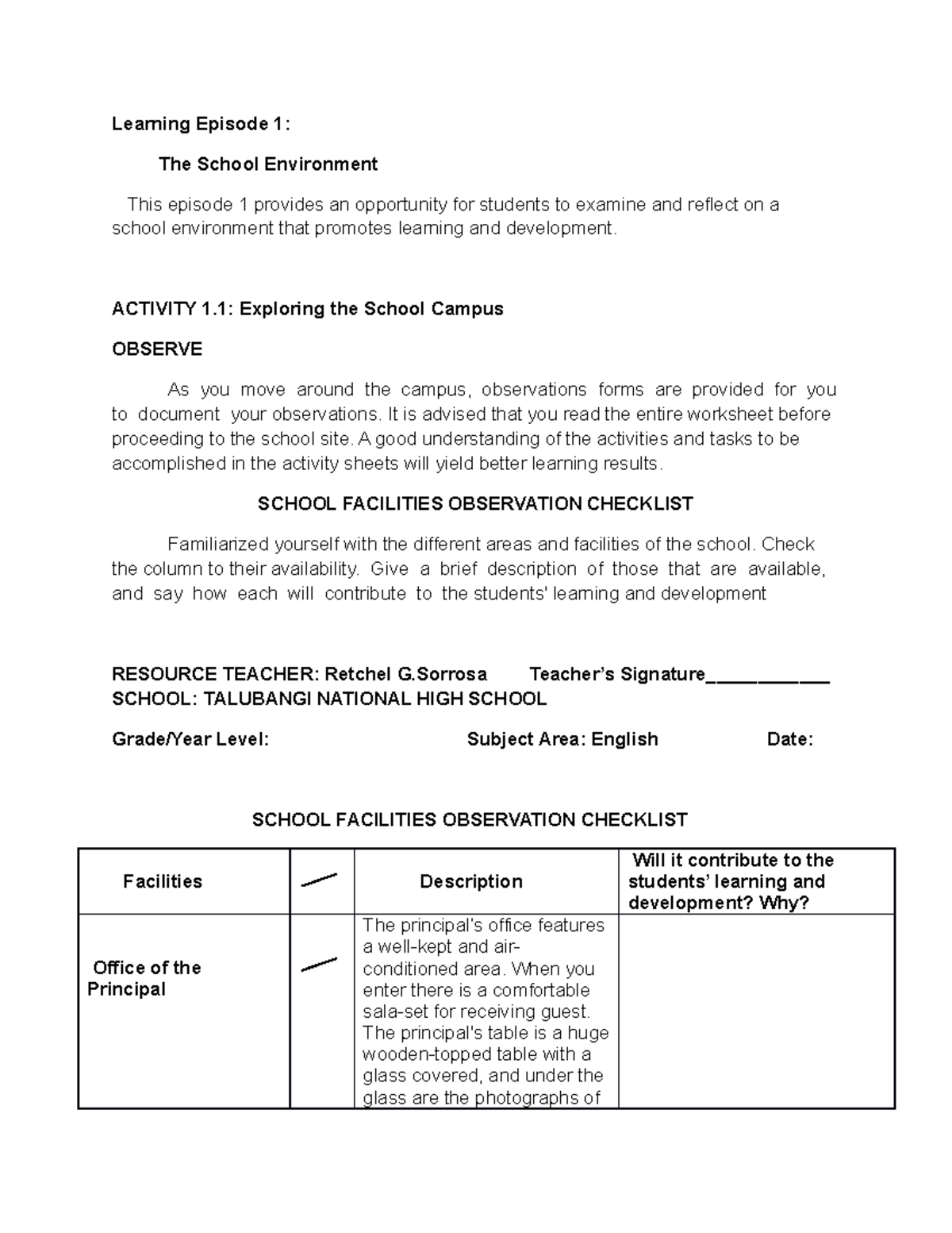 Field Study 1: Episode 1-8 Unanswered - Learning Episode 1: The School 