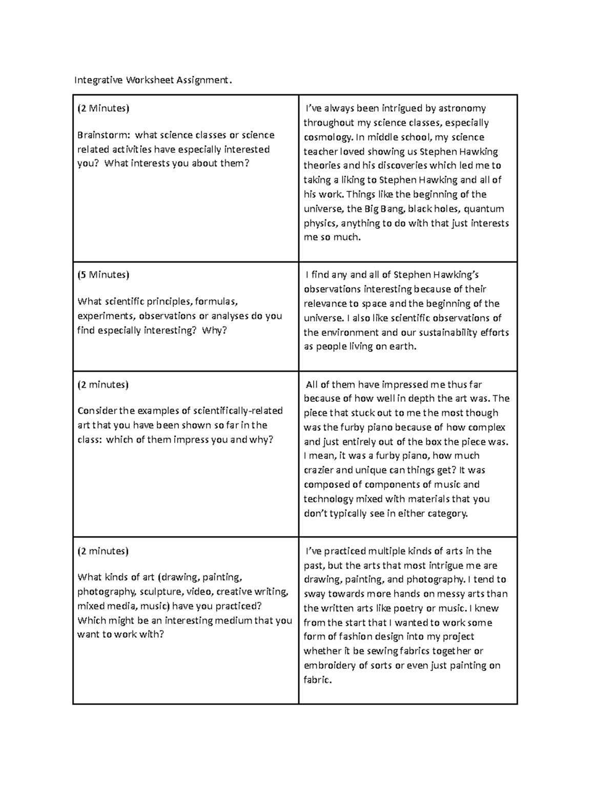 Integrative Worksheet - (2 Minutes) Brainstorm: what science classes or ...