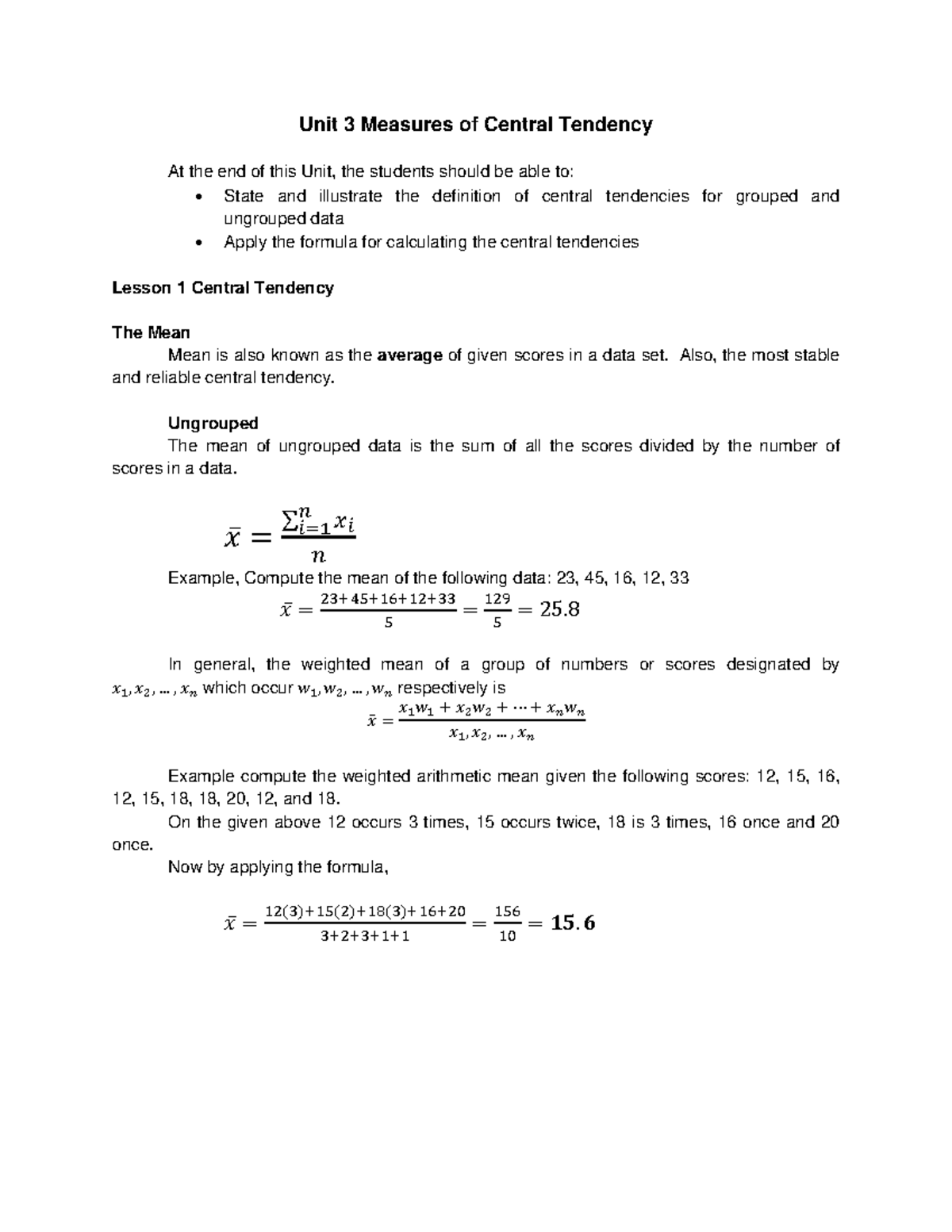 Unit 3 - Lecture notes - Unit 3 Measures of Central Tendency At the end ...