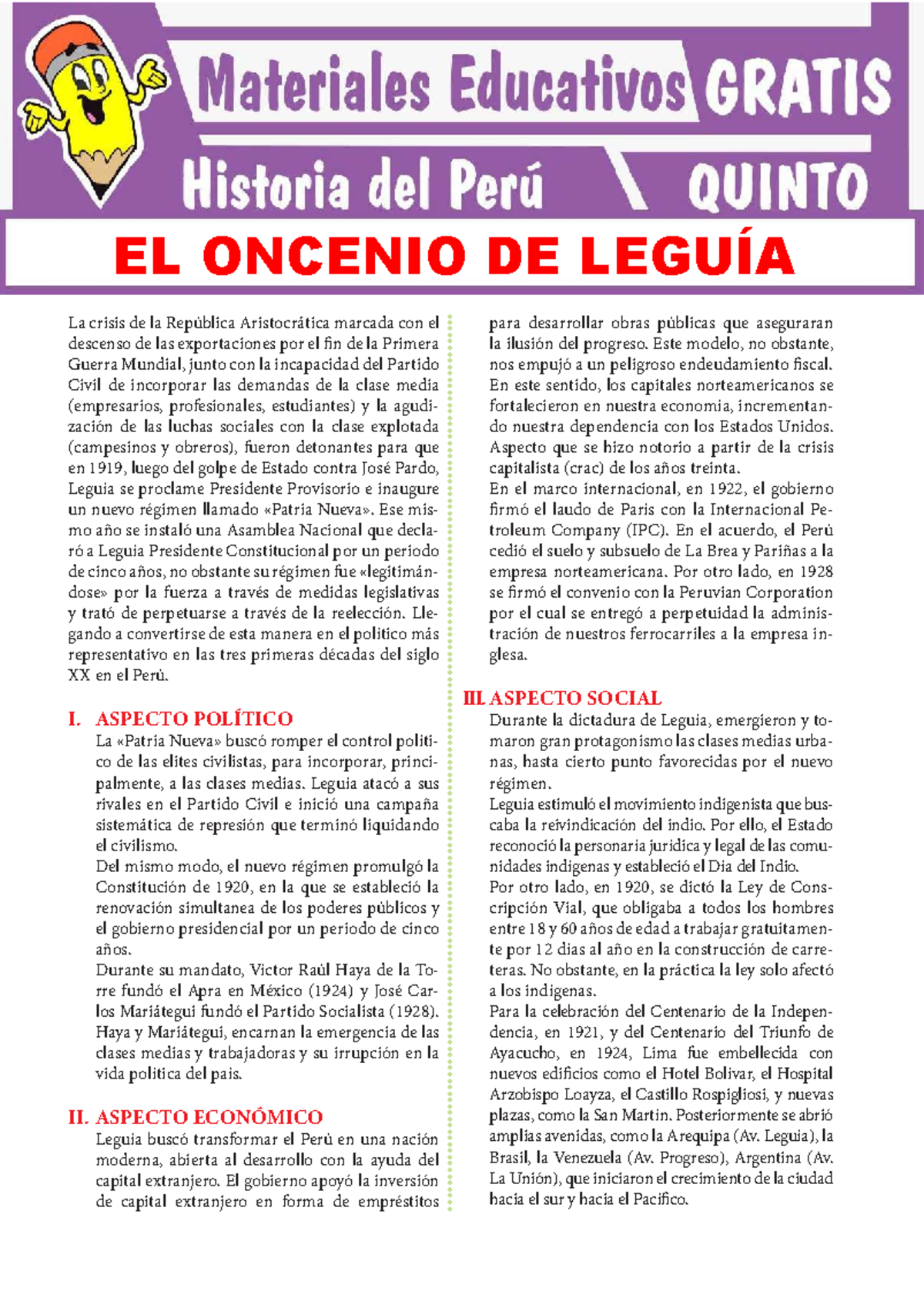 El Oncenio de Leguía para Quinto Grado de Secundaria - La crisis de la ...