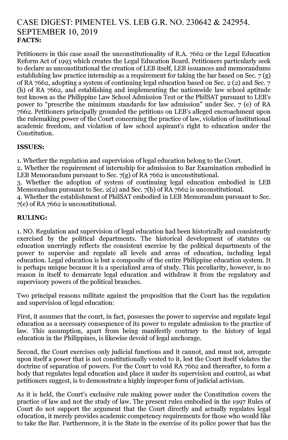 1ST-CASE- Digest- Ethics - CASE DIGEST: PIMENTEL VS. LEB G. NO. 230642 ...