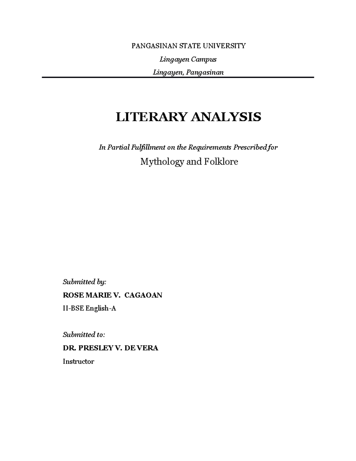Cagaoan rose marie v - Literary Analysis - BS. education - PangSU - Studocu