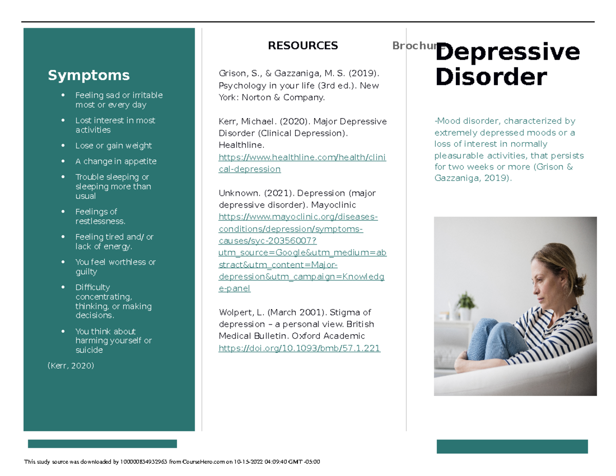 Depressive Disorder Brochure - Symptoms Feeling Sad Or Irritable Most 