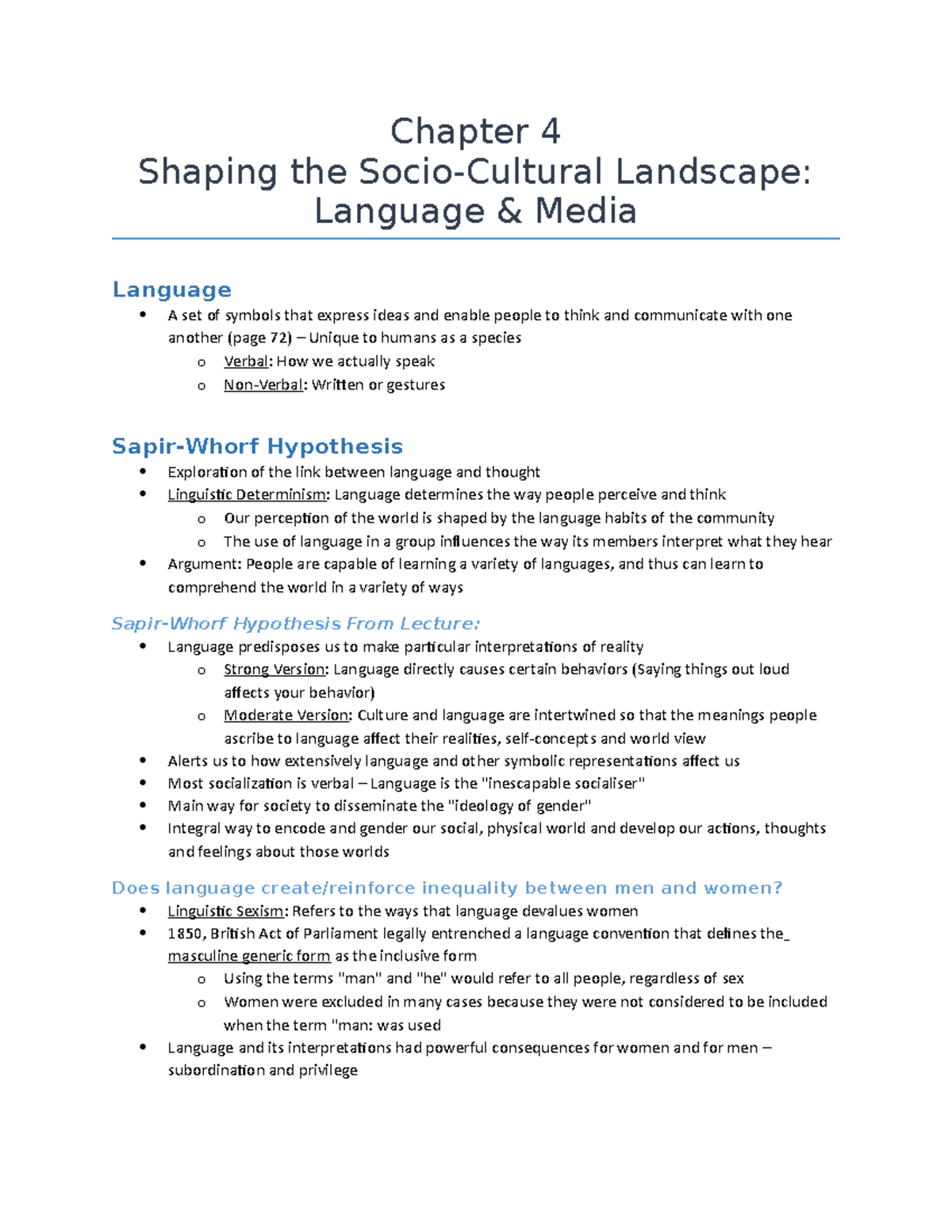 Chapter 4 - notes - Chapter 4 Shaping the Socio-Cultural Landscape ...