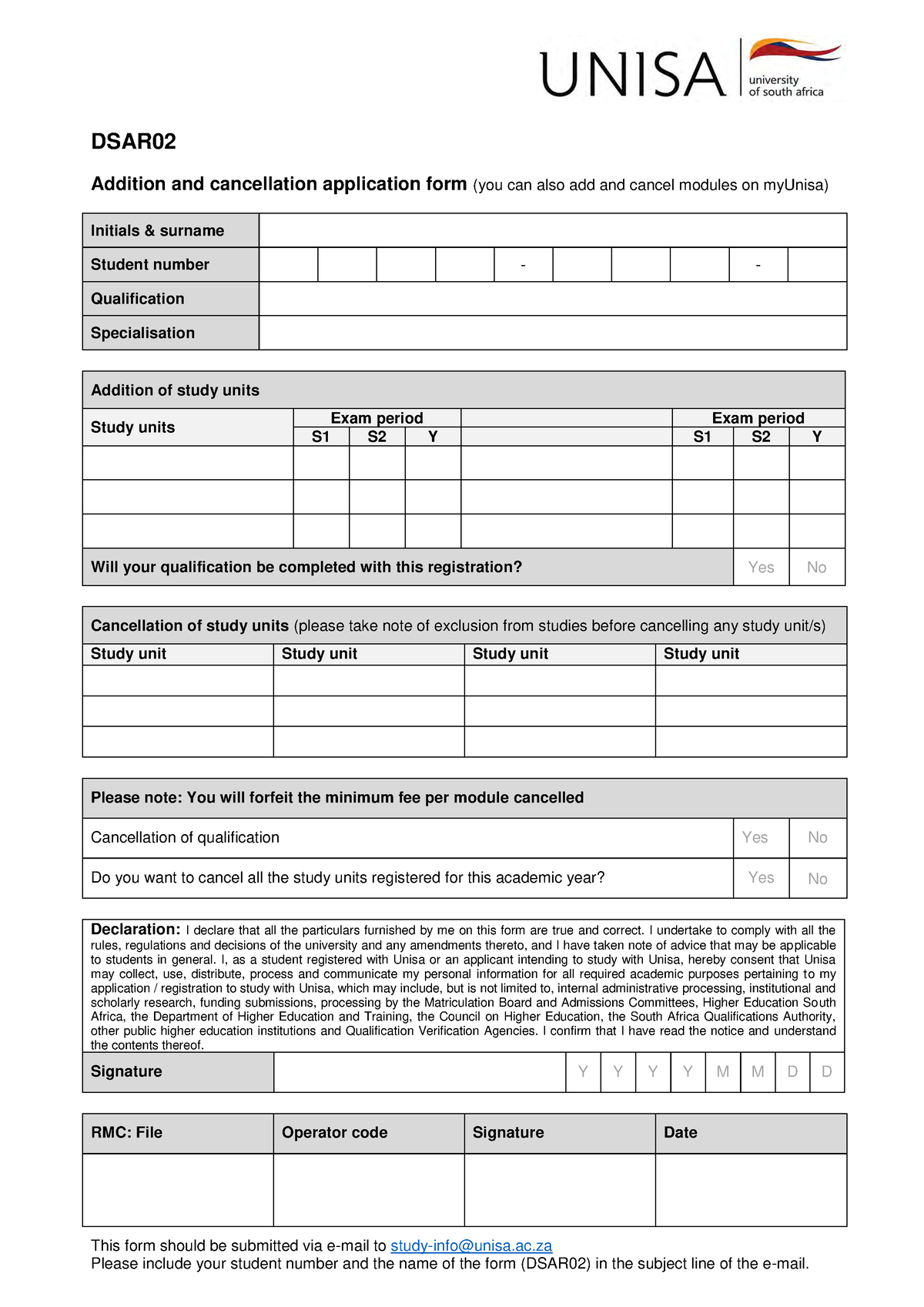 UnisaDSAR02form Yes DSAR02 Addition and cancellation application
