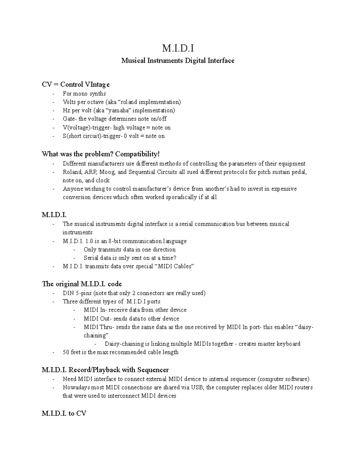 MIDI - notes - M.I.D Musical Instruments Digital Interface CV = Control ...