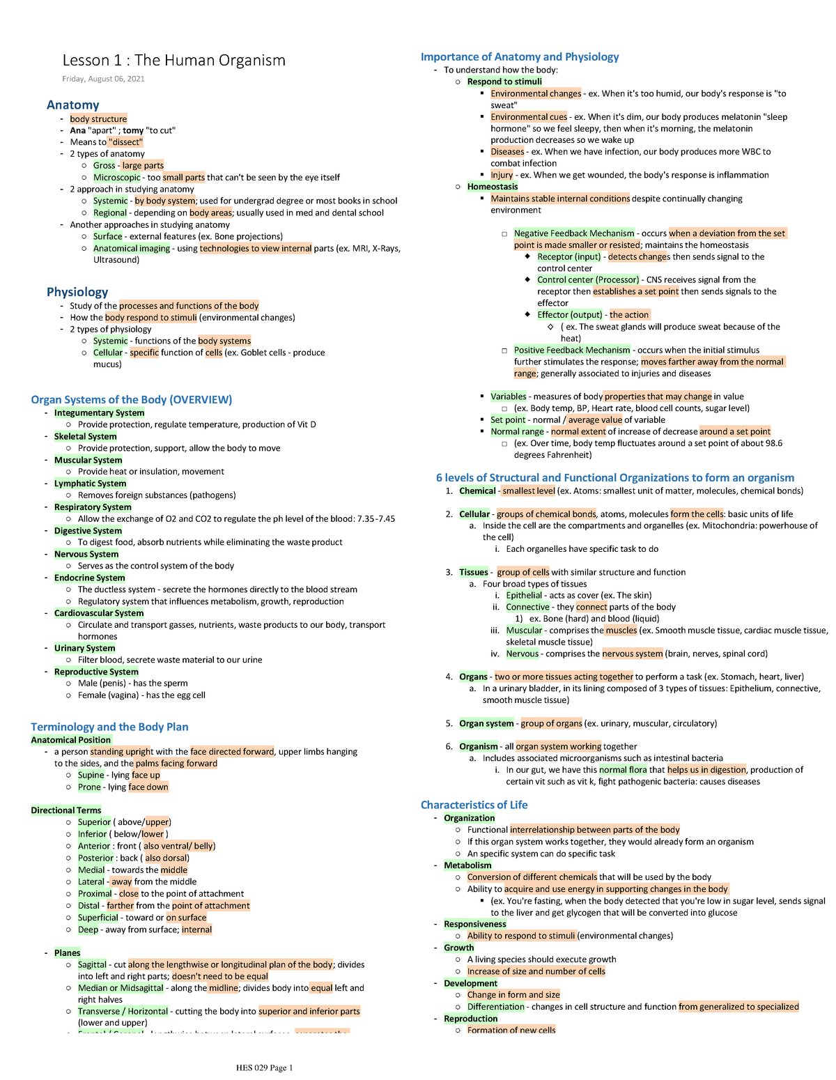 Lecture Notes 1-4 Anatomy and Physiology - body structure Ana 