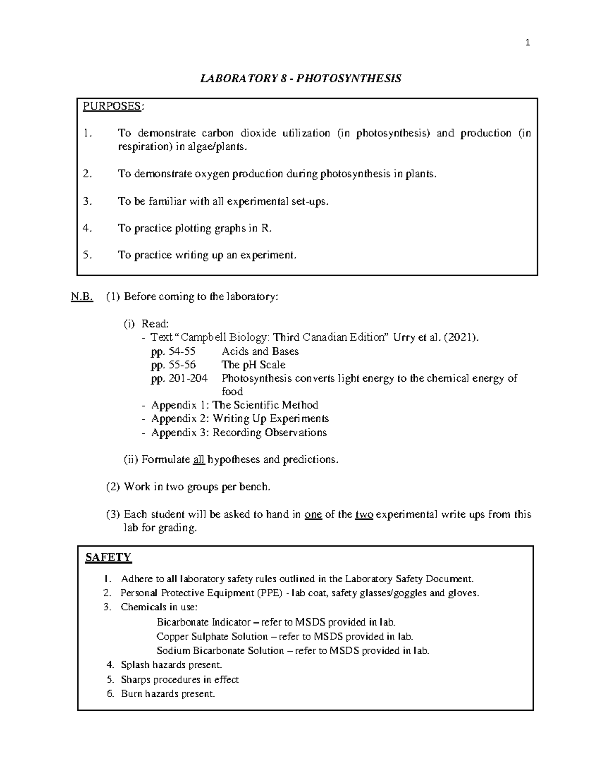 Lab 8 Photosynthesis LABORATORY 8 PHOTOSYNTHESIS PURPOSES To