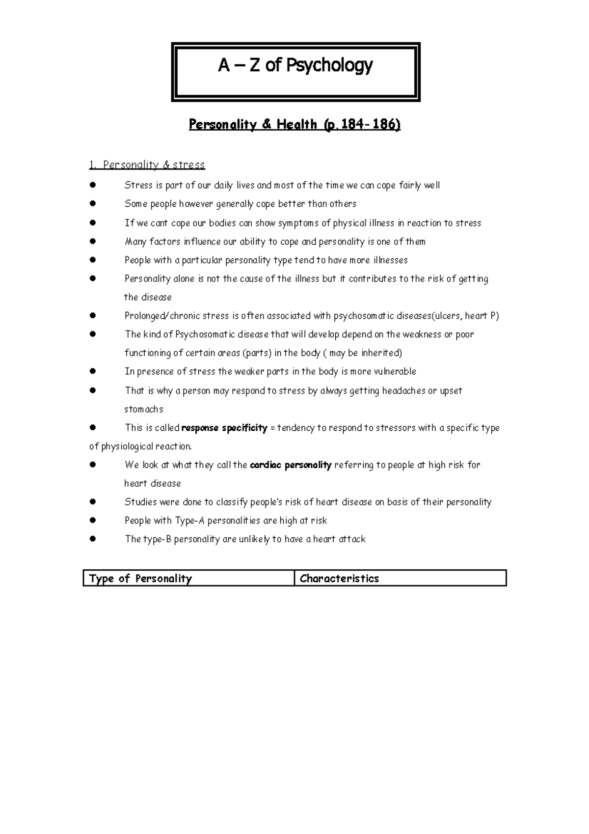 Basic psychology- personality doc - Personality & Health (p-186) 1 ...
