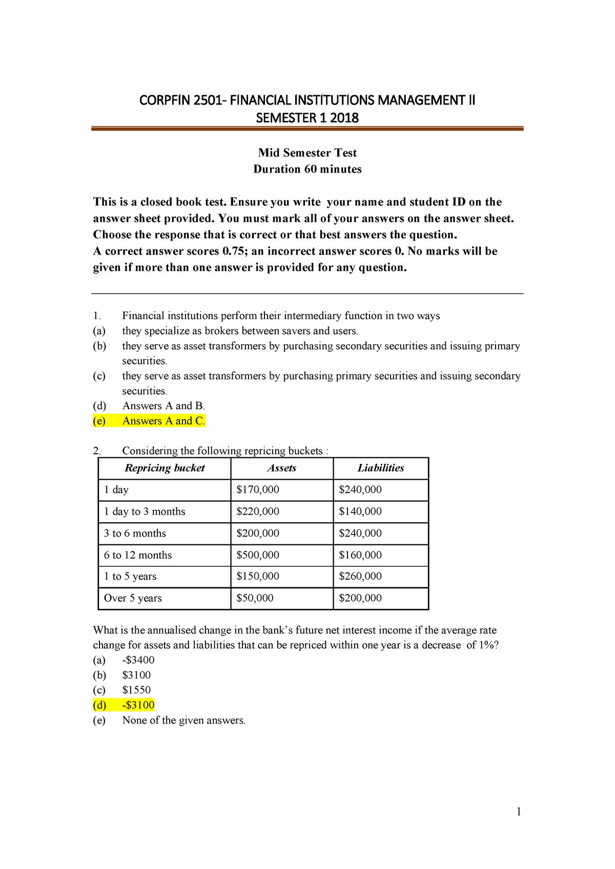 Mid Test 1 January, Questions And Answers - CORPFIN FINANCIAL ...