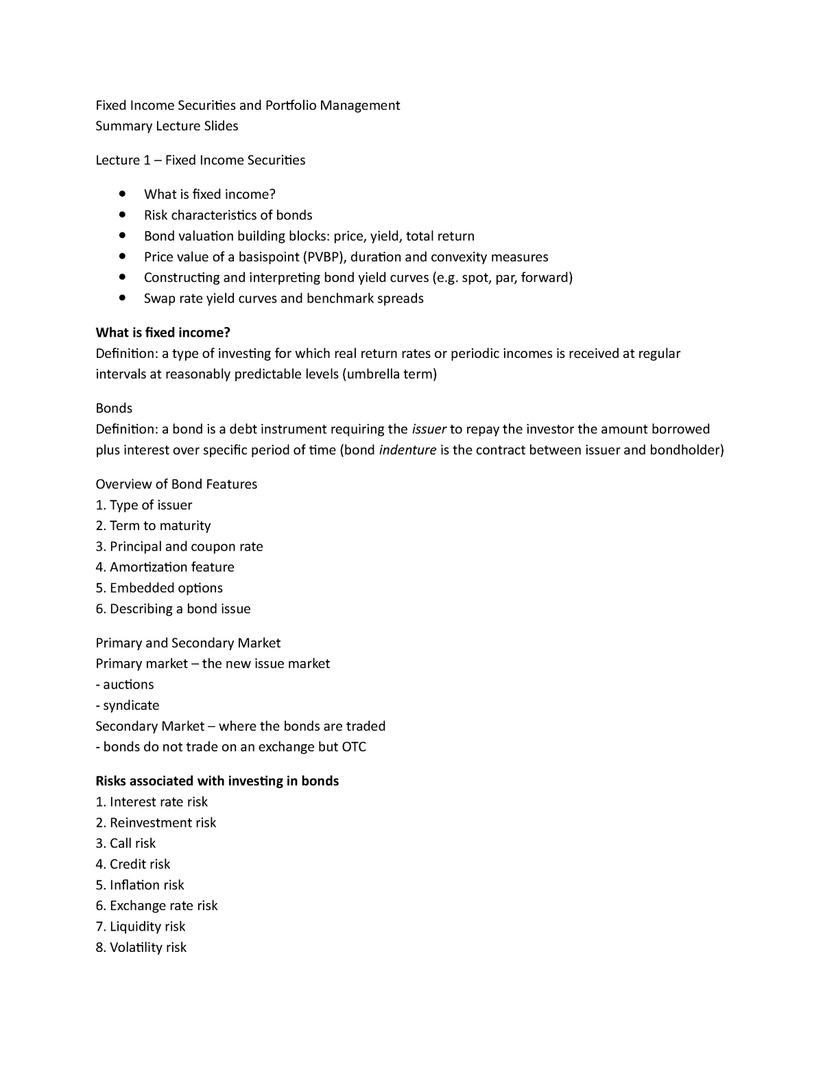Fixed Income Securities And Portfolio Management Summary Lecture Slides Fixed Studeersnel