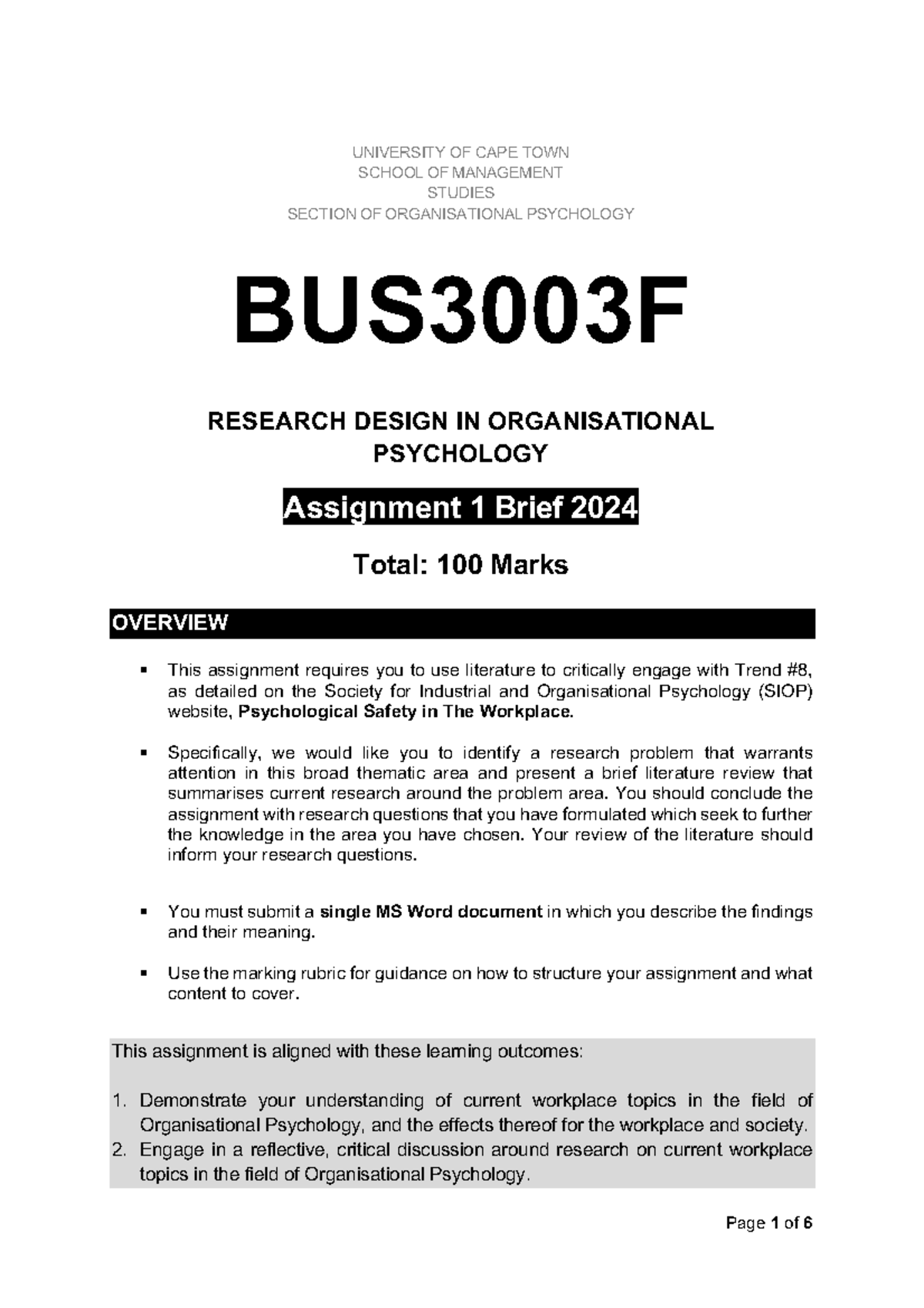 BUS3003F Assignment 1 2024 - UNIVERSITY OF CAPE TOWN SCHOOL OF ...