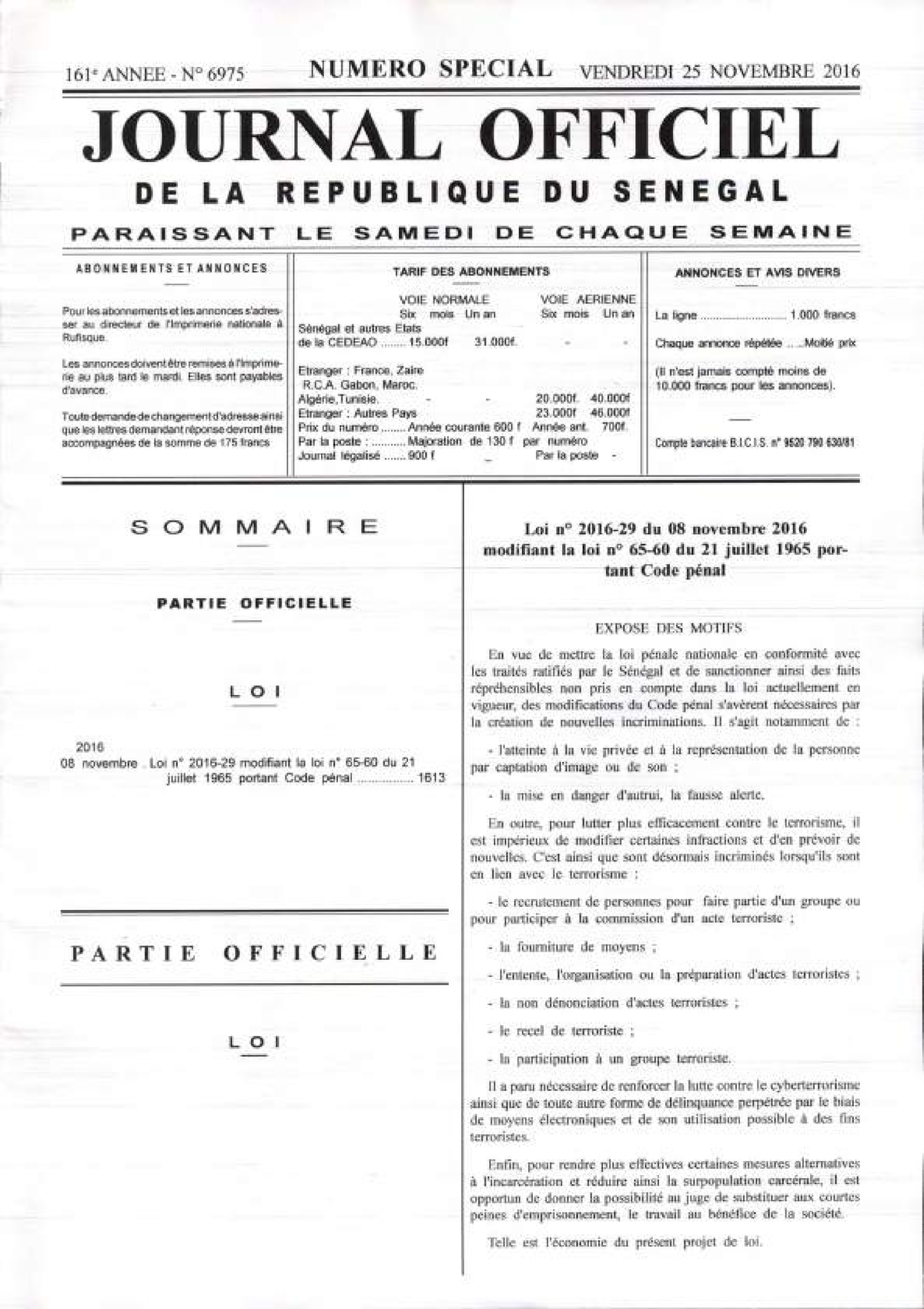 Loi N° 2016 29 Du 08 Novembre 2016 Modifiant La Loi N° 65 60 Du 21 Juillet 1965 Portant Code 