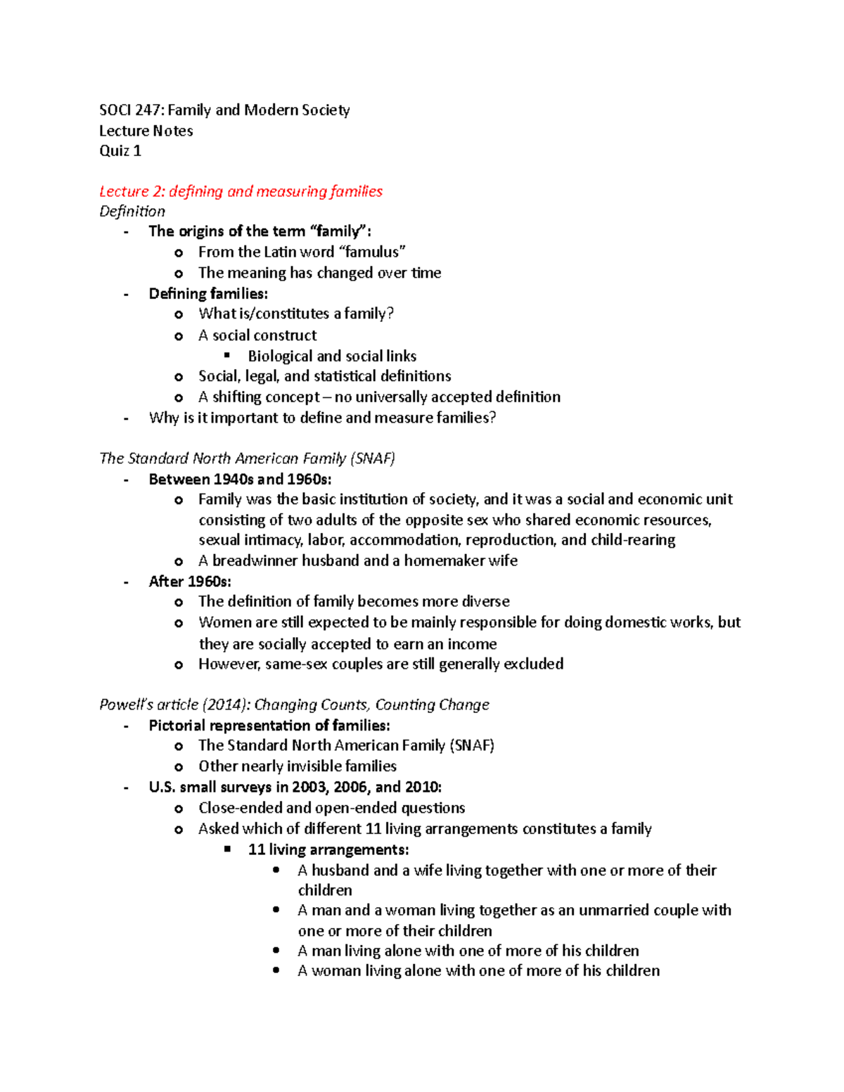 Quiz 1 Lecture Notes - SOCI 247: Family and Modern Society Lecture ...